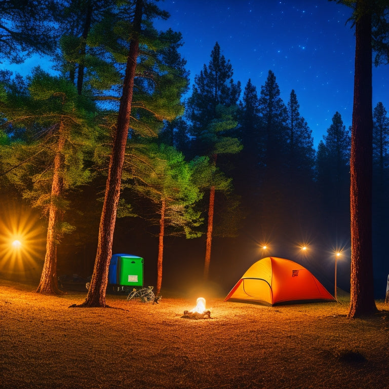 A nighttime campsite scene with glowing string lights, lanterns, and LED headlamps, amidst trees and a starry sky, with a tent and outdoor gear visible, casting warm and colorful shadows.