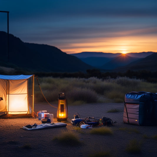 A serene campsite at dusk: a portable solar panel propped on a collapsible stand, connected to a sleek, compact battery pack, surrounded by camping gear and a few twinkling string lights.