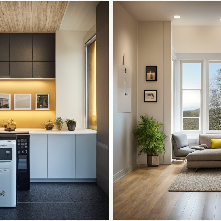 A split-screen image featuring a modern home's interior with a sleek energy storage system installed on the wall, alongside a contrasting background with rising electricity bills and coins scattered around.