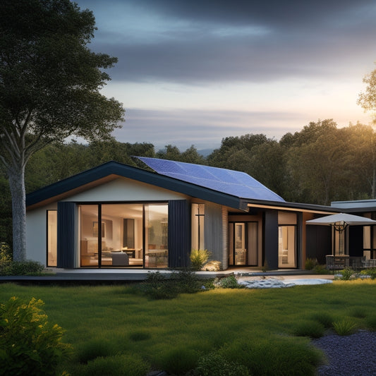 A serene, modern eco-friendly home surrounded by lush greenery, with solar panels on the roof, a wind turbine in the background, and a subtle, glowing LED security system accentuating the windows and doors.