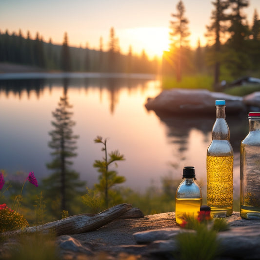 A vibrant campsite scene featuring various high-quality camping water bottles nestled among wildflowers, surrounded by towering pine trees and a serene lake reflecting a colorful sunset, evoking adventure and exploration.