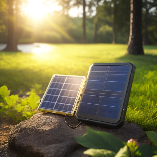 A sleek, compact solar panel with a built-in battery pack, connected to a smartphone via a USB cable, set against a serene outdoor backdrop with lush greenery and a subtle sun glow.