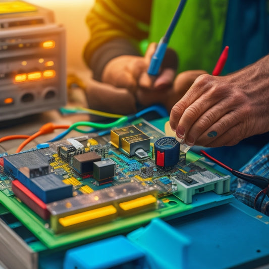 A close-up of a person's hands holding a battery, with a multimeter and a battery maintainer in the background, surrounded by scattered circuit boards and wires.