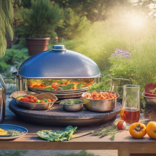 A vibrant outdoor scene featuring a solar oven surrounded by fresh vegetables, herbs, and a pot of simmering stew, with sunlight reflecting off the oven's glass, showcasing a sunny cooking adventure.