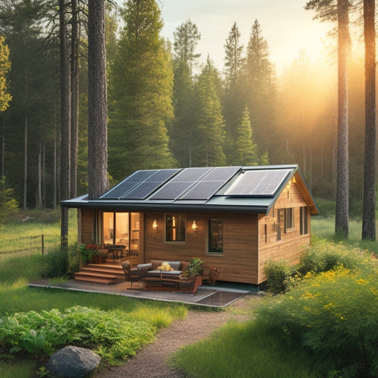 A serene off-grid cabin surrounded by lush greenery, with a compact solar panel array on the roof, a small inverter and battery bank on the wall, and a few solar-powered gadgets nearby.