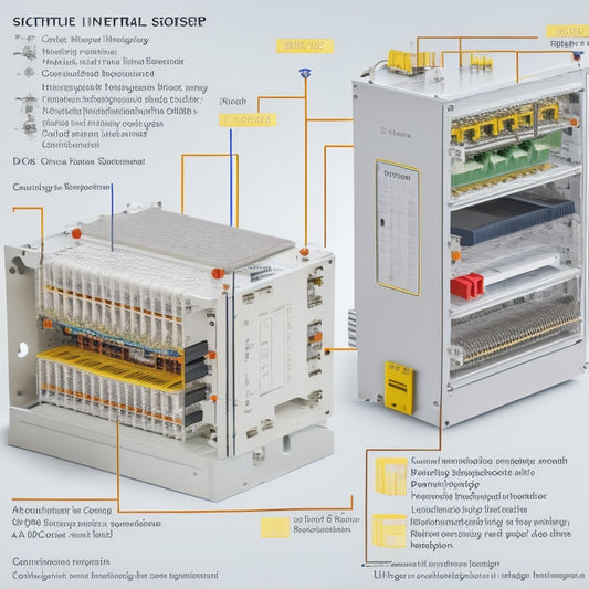 A schematic diagram featuring a central inverter unit surrounded by interconnected components, including a DC-DC converter, AC-DC converter, transformer, and circuit breakers, set against a clean white background.