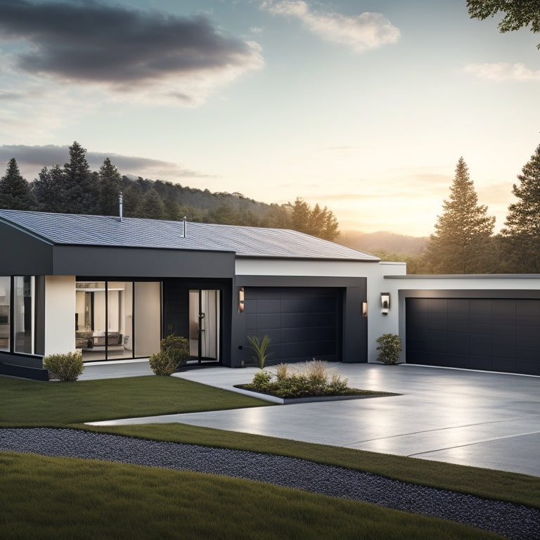 A serene landscape with a modern home in the background, featuring a rooftop covered in sleek, black solar panels, and a sleek, silver battery unit installed beside a white garage door.