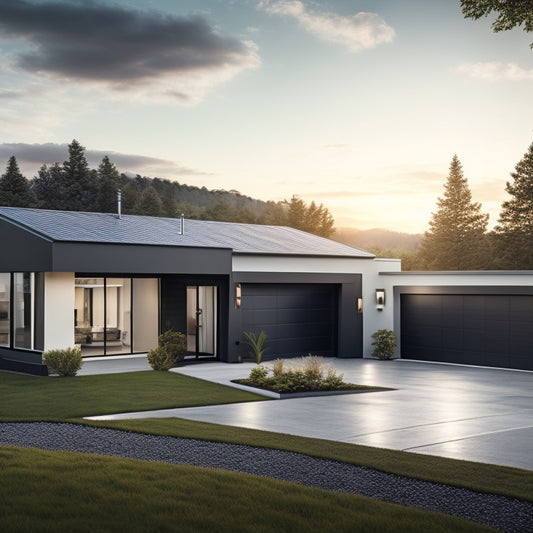 A serene landscape with a modern home in the background, featuring a rooftop covered in sleek, black solar panels, and a sleek, silver battery unit installed beside a white garage door.