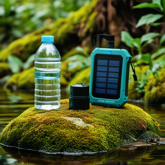 A serene wilderness scene: a portable, sleek solar-powered water purifier sits atop a moss-covered rock, surrounded by lush greenery, with a clear plastic bottle filled with crystal-clear water beside it.