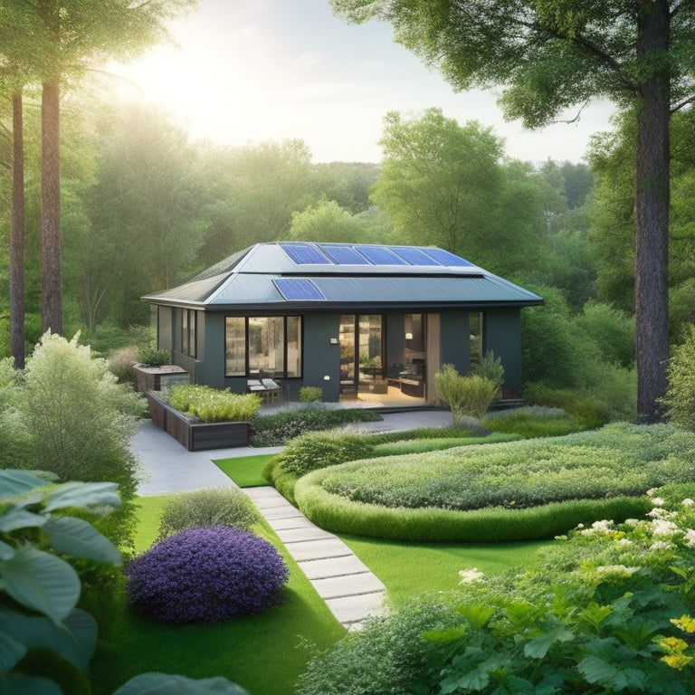 A serene, eco-friendly home with solar panels, a green roof, and a garden, surrounded by lush trees, with a subtle background of a cityscape, conveying harmony between nature and urban living.