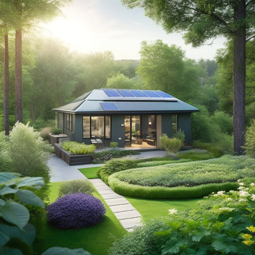 A serene, eco-friendly home with solar panels, a green roof, and a garden, surrounded by lush trees, with a subtle background of a cityscape, conveying harmony between nature and urban living.