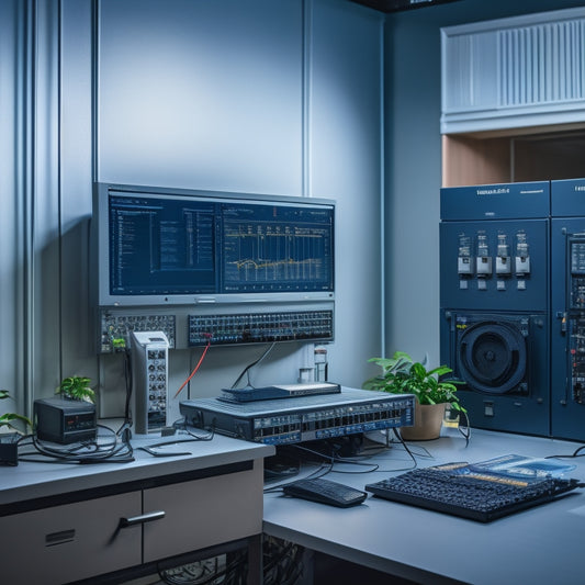 A clean and organized home power system control room with neatly labeled wires, a sleek inverter, and a monitoring system displaying voltage and energy output on a digital screen.