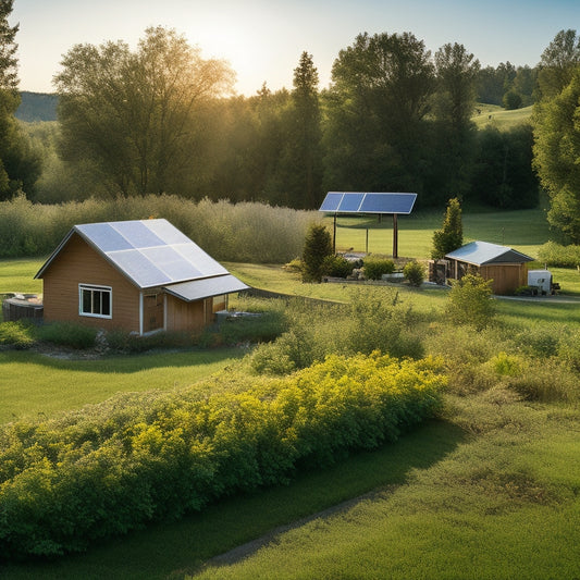 A serene, secluded off-grid homestead with a mix of solar panels, wind turbines, and a rainwater harvesting system, surrounded by lush greenery and a vegetable garden, under a clear blue sky.