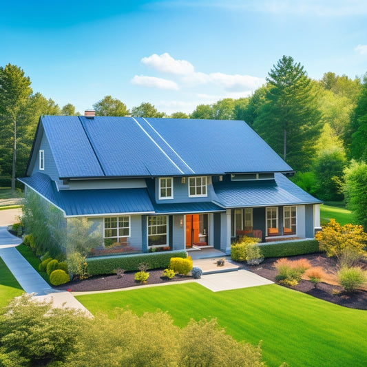 A serene suburban home with a mix of slate-gray and terra-cotta roofs, adorned with sleek, black solar panels, amidst a backdrop of clear blue sky and lush green trees.
