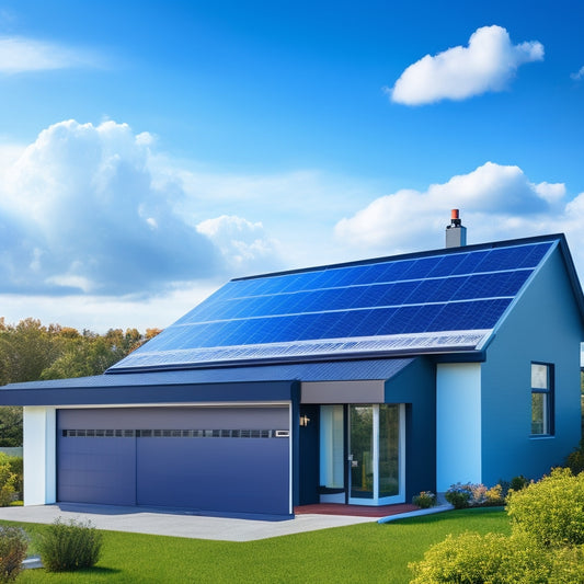 A bright blue sky with a few puffy white clouds above a sleek, modern house with a black asphalt shingle roof, partially covered with a series of sleek, silver solar panels.