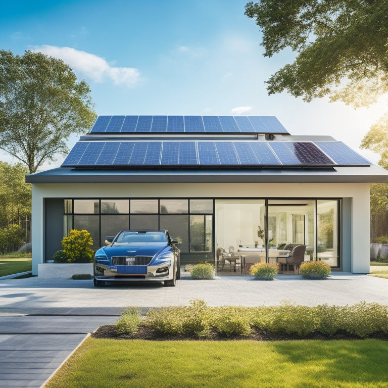 A sleek, modern home with solar panels on the roof, a prominent battery system in the garage, and vibrant greenery surrounding it, all under a clear blue sky, showcasing energy independence and sustainability.