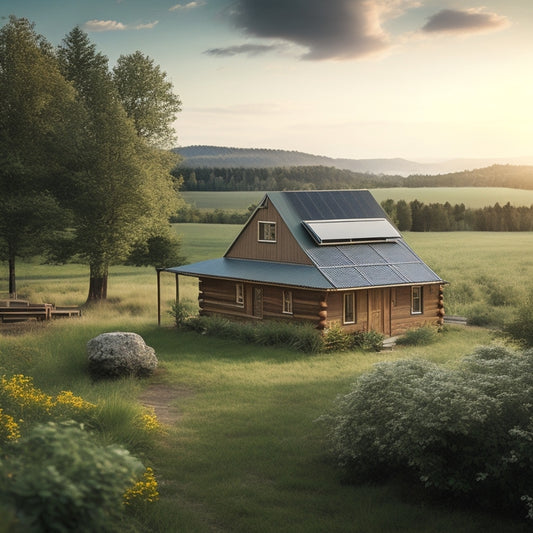 A serene rural landscape with a rustic cabin surrounded by lush greenery, featuring a rooftop solar panel array, a wind turbine in the distance, and a battery bank visible through a window.