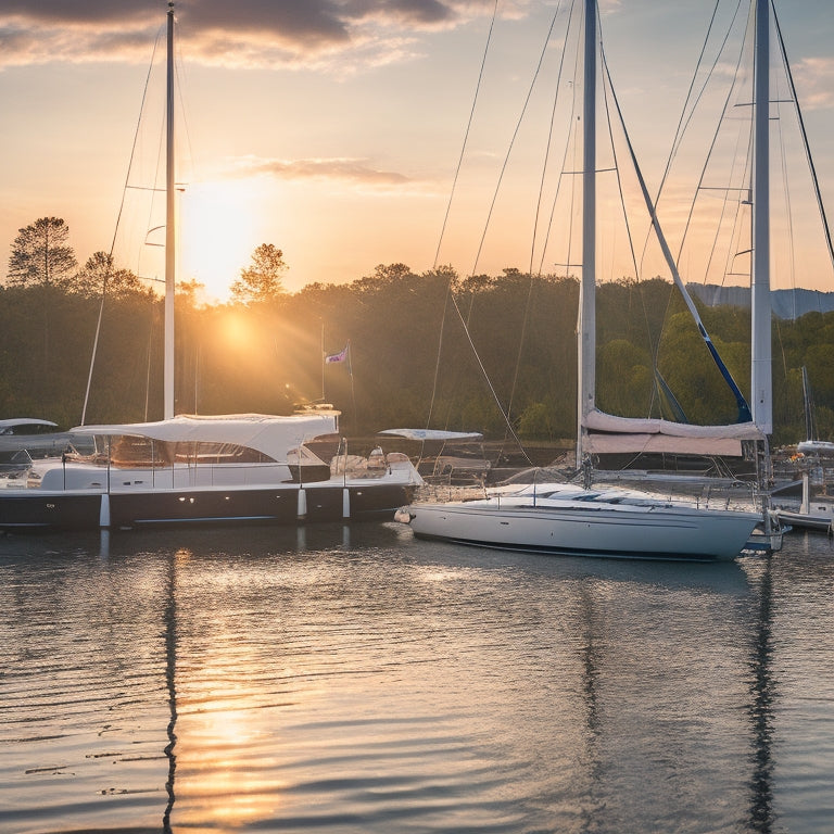 A serene marina scene at sunset, showcasing a sleek sailboat equipped with solar panels. Nearby, a diverse selection of portable solar chargers on a dock, surrounded by lush greenery and gentle waves.