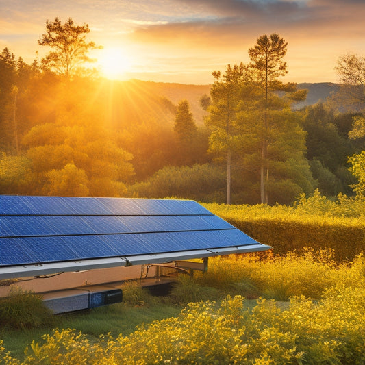 A vibrant solar panel array on a sunlit rooftop, surrounded by lush greenery, with various lithium batteries displayed prominently next to a charging station, illustrating energy storage solutions in a harmonious outdoor setting.