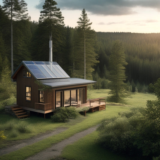 A serene off-grid cabin surrounded by lush greenery, with a rooftop solar panel array, a wind turbine in the distance, and a battery bank visible through a window.