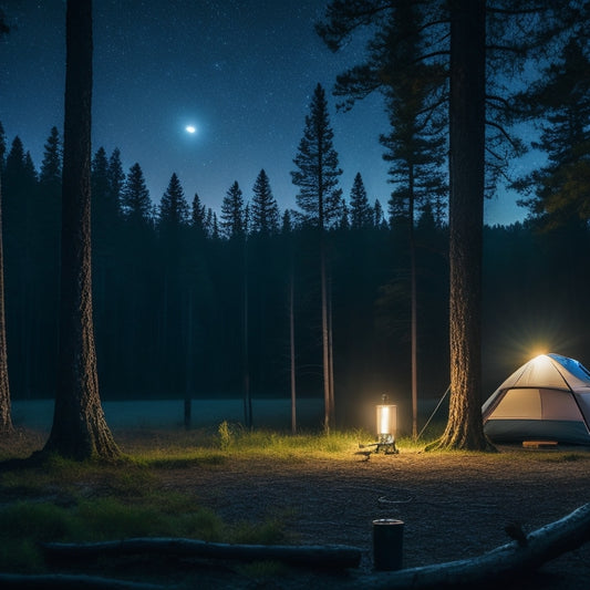 A serene forest campsite at dusk with a portable solar panel, power bank, and camping gear illuminated by a lantern, surrounded by trees and a starry night sky.