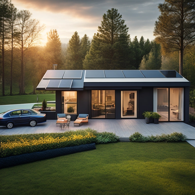 A serene backyard with a sleek, modern house featuring a roof-mounted solar panel array, connected to a neat, organized battery bank with sleek, black modules and shiny metal connectors.