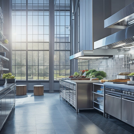 A modern commercial kitchen with sleek, stainless steel solar-powered shelving units, illuminated by natural light pouring in through large windows, surrounded by bustling culinary activity.