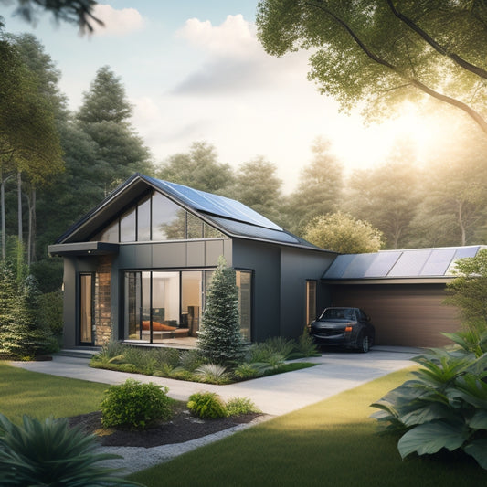 A serene, modern home surrounded by lush greenery, with solar panels on the roof, a wind turbine in the backyard, and a subtle hint of a battery storage system in the garage.
