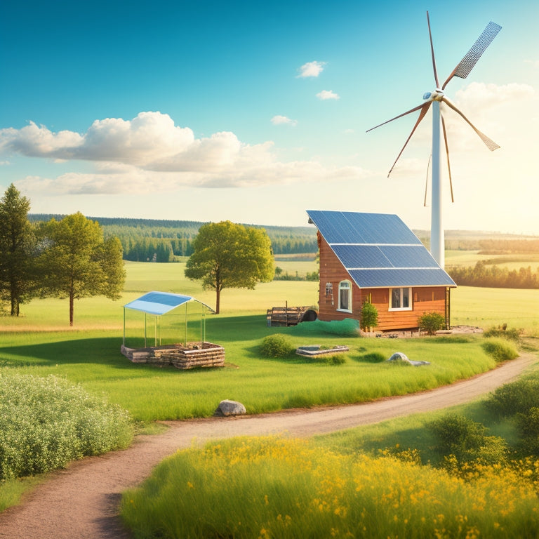 A serene rural landscape with a small, eco-friendly cabin surrounded by wind turbines, solar panels, and a micro-hydroelectric system, amidst lush greenery and a clear blue sky.