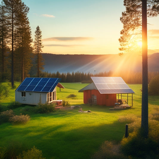 A serene, sun-drenched landscape with a remote, off-grid cabin surrounded by lush greenery, featuring a solar panel array, wind turbine, and monitoring equipment in the foreground.