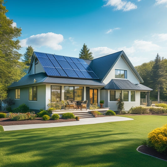 A serene suburban home with a sloping roof, adorned with sleek black solar panels, against a bright blue sky with a few wispy clouds, surrounded by lush green trees and a manicured lawn.