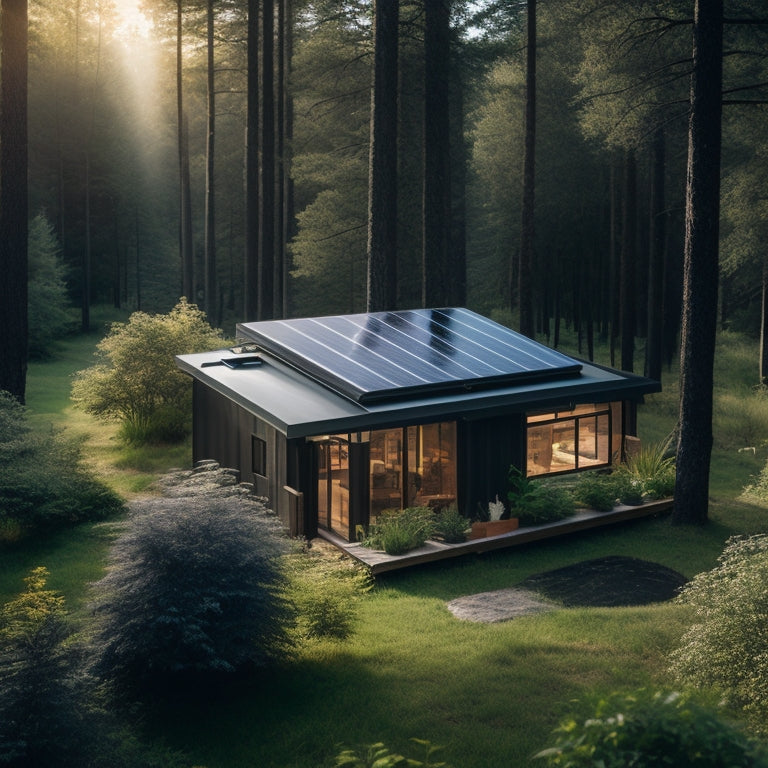 A serene, off-grid cabin surrounded by lush greenery, with a transparent roof showcasing a tidy, organized solar battery bank comprising rows of sleek, black batteries and shiny, silver connections.