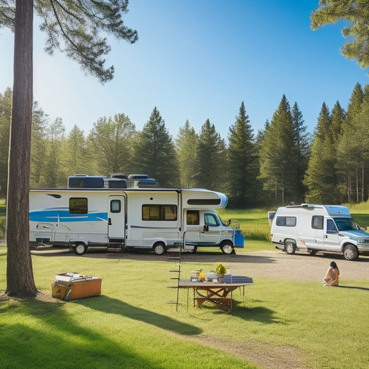 A sunny RV parked in a scenic campsite, with a person installing solar panels on the roof. Tools scattered nearby, a step ladder, and lush green trees in the background under a clear blue sky.