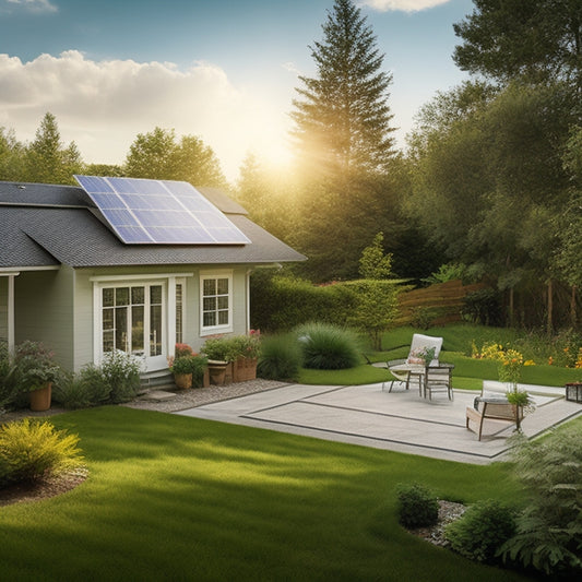 A sunny backyard with a mix of 10 different solar panel brands installed, each with a subtle glow and slight angle variation, surrounded by lush greenery and a subtle grid pattern in the background.