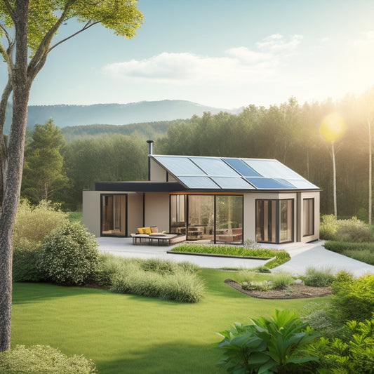 A serene, modern home surrounded by lush greenery, with solar panels on the roof, a wind turbine in the distance, and a battery storage system visible through a large window.
