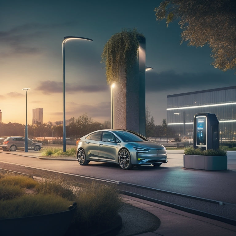 A sleek electric vehicle charging at a futuristic station, showcasing a transparent solid-state battery glowing with energy. Surrounding elements include high-tech cityscape, green landscapes, and dynamic energy lines illuminating the scene.