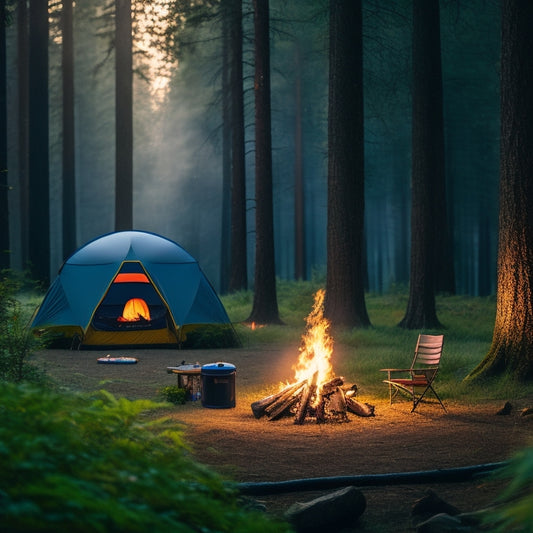 A serene campsite scene featuring a cozy tent, a crackling campfire, comfortable camping chairs, a well-stocked backpack, a portable cooler, and a compact cooking stove, all surrounded by lush greenery and towering trees.