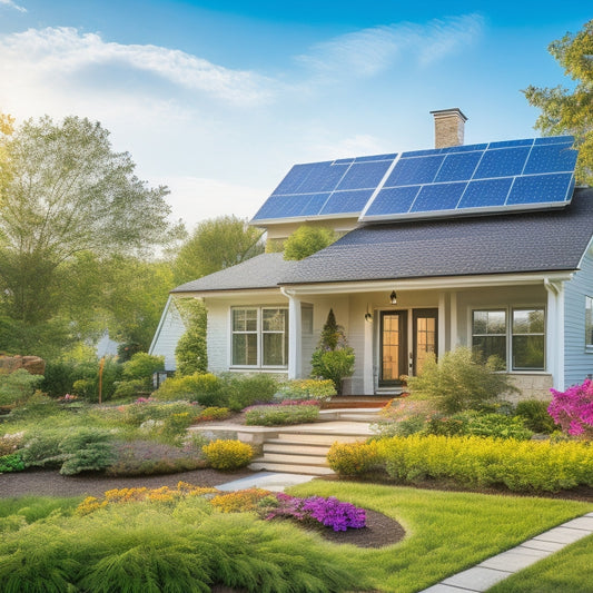 A sunlit suburban home with sleek solar roof panels glistening, surrounded by blooming gardens, vibrant greenery, and a clear blue sky, showcasing energy efficiency and eco-friendliness in a modern, sustainable lifestyle.