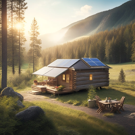 A serene, sunny landscape with a rustic cabin in the distance, surrounded by lush greenery, featuring a prominent off-grid solar panel array on the cabin's roof, with a few solar-powered gadgets nearby.