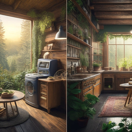 A split-screen illustration: a serene, off-grid cabin surrounded by lush greenery and a bright sun, contrasted with a cluttered, dimly lit room filled with tangled wires and expensive-looking machinery.