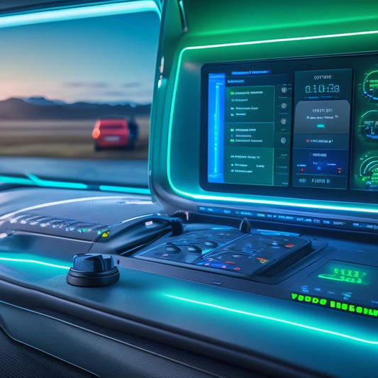 A futuristic dashboard with glowing blue and green screens displaying real-time data on RV battery voltage, solar panel output, and electrical system performance, surrounded by sleek, metallic components.