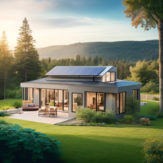 A serene, modern home surrounded by lush greenery, with solar panels on the roof, a wind turbine in the distance, and a compact battery storage system visible through a window.