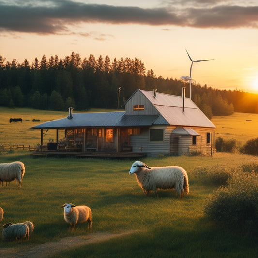 A serene off-grid homestead at sunset, with a rustic wooden cabin, solar panels on the roof, and a wind turbine in the distance, surrounded by lush greenery and a few sheep grazing.