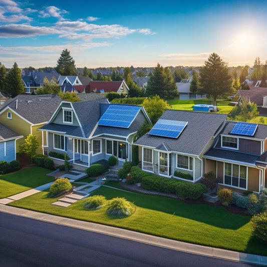 A bright and sunny suburban neighborhood with several houses, each with a unique rooftop solar panel installation, showcasing different angles, sizes, and configurations.