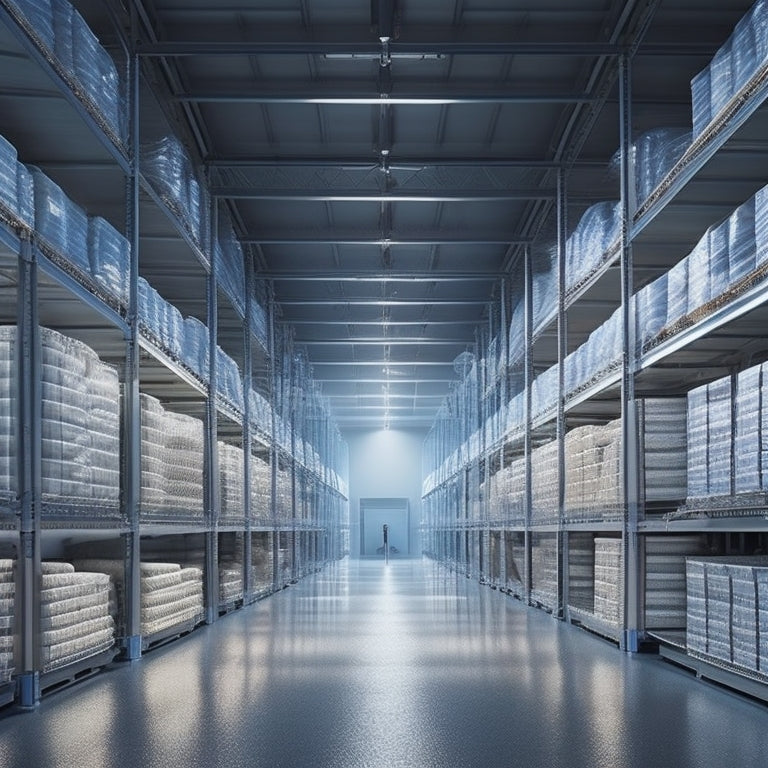 A futuristic, modern warehouse with sleek, silver shelves illuminated by soft, warm lighting, featuring rows of compact, high-efficiency solar panels integrated into the shelving units.