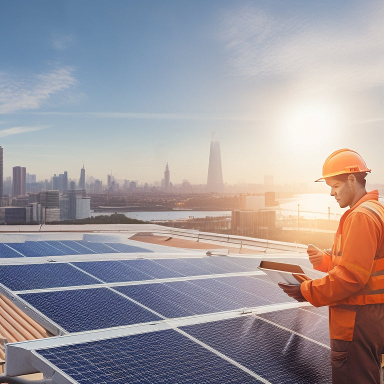 A photograph of a person in a yellow hard hat and orange vest, holding a tablet and standing in front of a partially installed solar panel array on a rooftop, with a cityscape in the background.