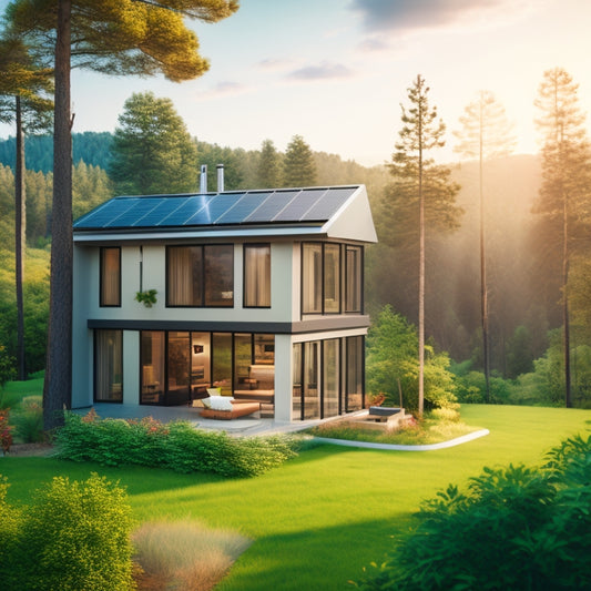 A serene, modern home surrounded by lush greenery, with solar panels on the roof, a wind turbine in the distance, and a battery storage system visible through a large window.