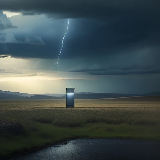 A dramatic, ominous landscape featuring a solitary solar panel standing upright, defying torrential rain, hail, and powerful winds, with lightning illuminating a dark, stormy sky.