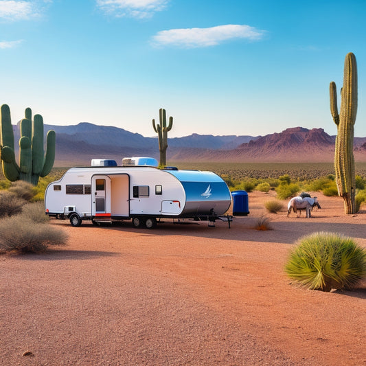 A serene desert landscape with a sleek RV parked beside a majestic cactus, solar panels on its roof, and a portable battery pack with cables snaking out to various devices.
