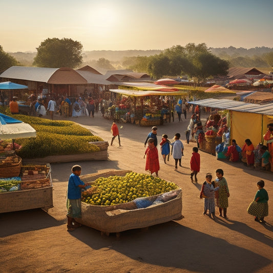 A vibrant, sun-kissed scene depicting a thriving rural community: farmers tending lush green fields, children playing near a newly built school, and a bustling marketplace with colorful stalls and smiling vendors.